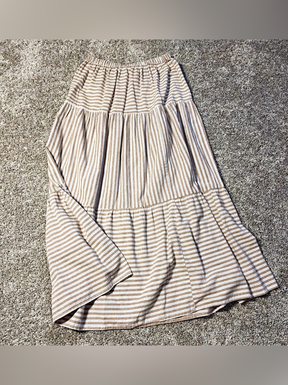 Women's Striped Midi Skirt Brown White Tiered Pull-On Elastic Waist size M